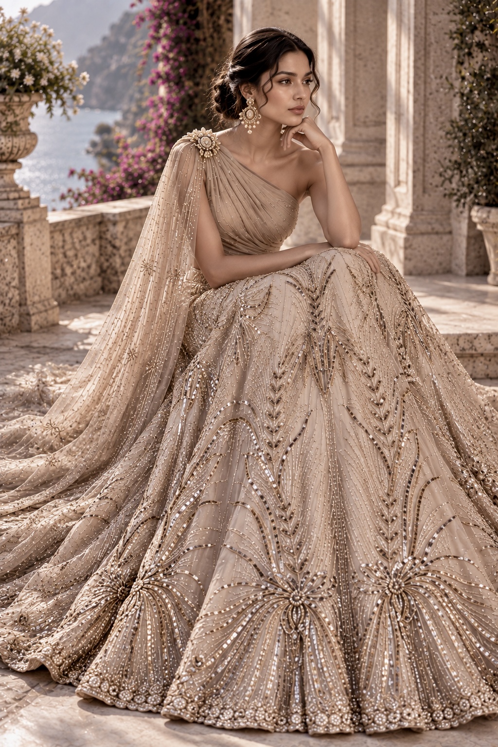 Seated view of embroidered tissue couture lehenga from Golden Solace by Alia Qureshi Atelier