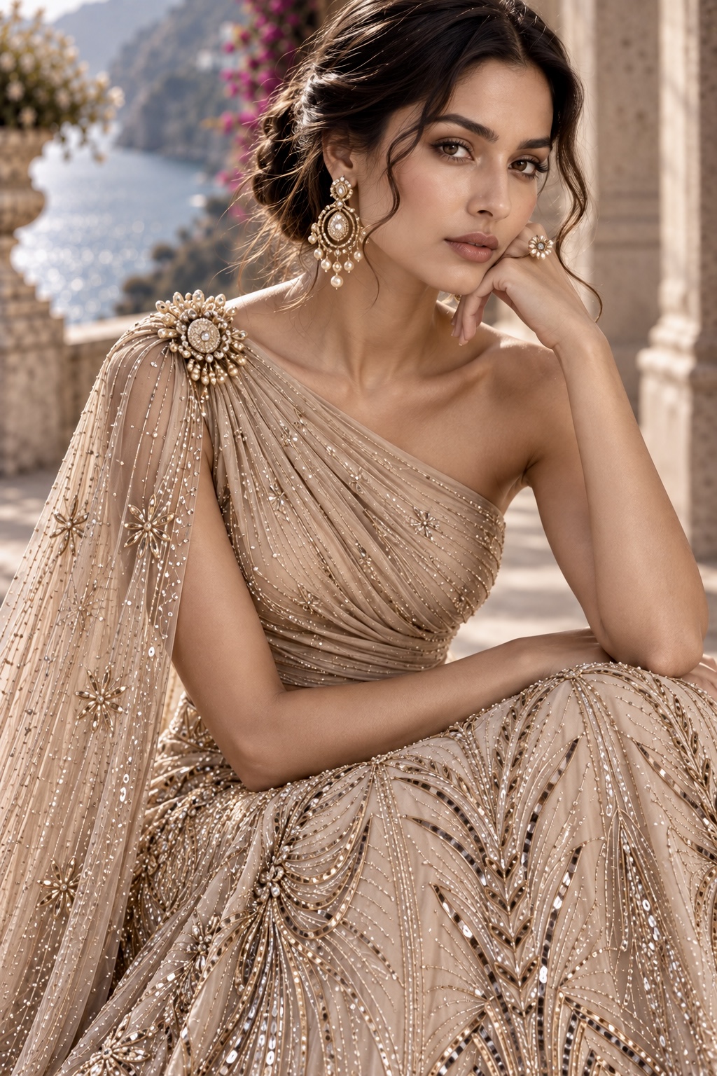 Close-up of crystal, sequin and botanical embroidery lenhenga from Golden Solace by Alia Qureshi Atelier