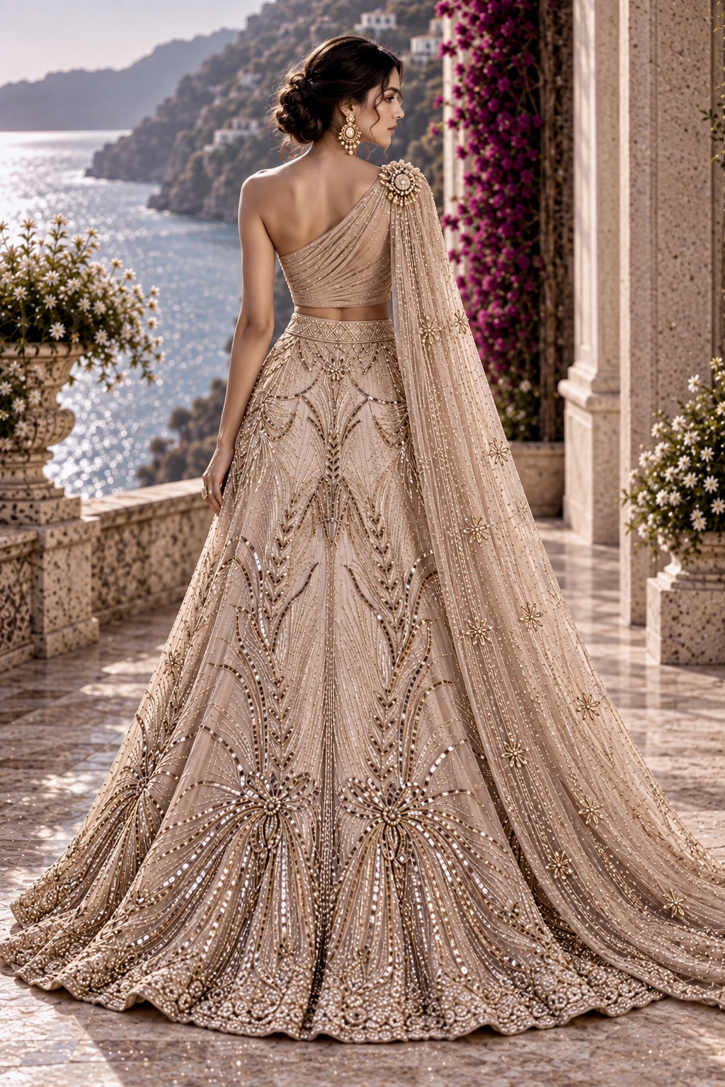 Back view of embroidered couture lenhenga with translucent cape from Golden Solace by Alia Qureshi Atelier