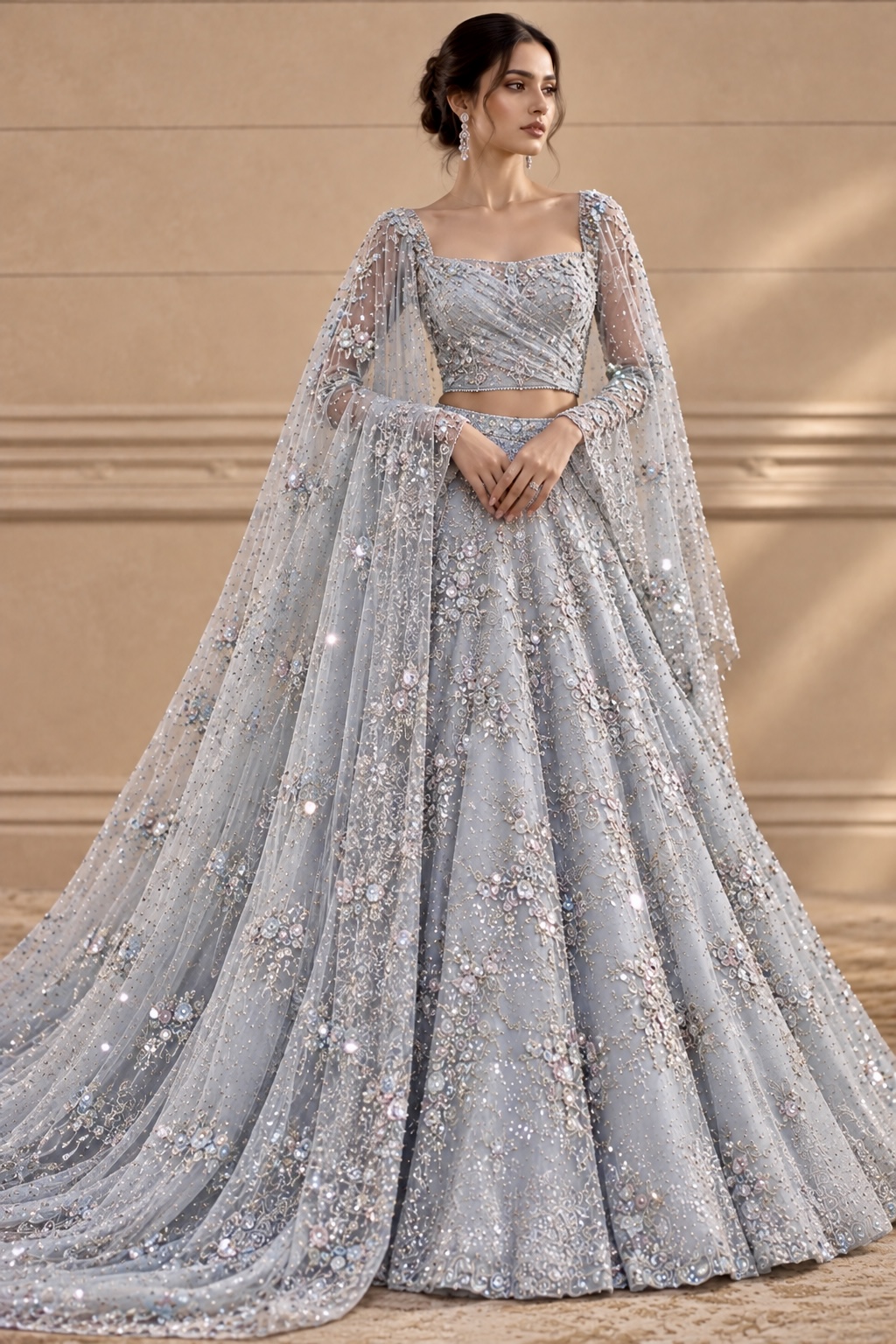 Silver embroidered couture ensemble with crystal embellishment from Lune de Glace by Alia Qureshi Atelier