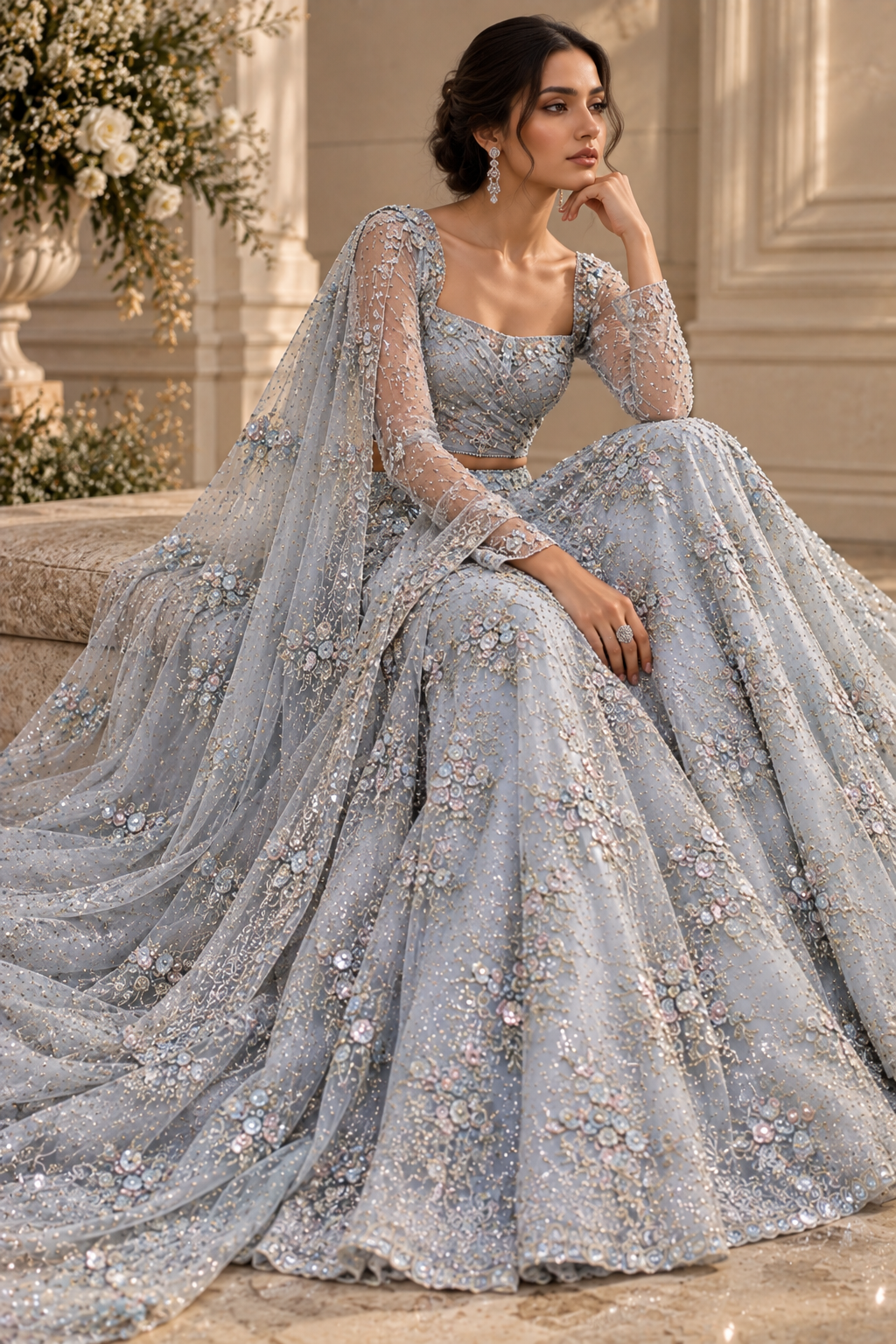 Seated view of silver blue embroidered bridal lehenga from Lune de Glace by Alia Qureshi Atelier