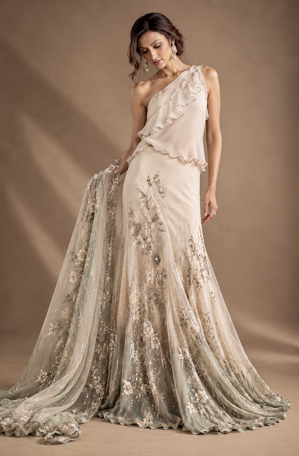 Ivory and soft celadon embroidered couture gown from Brume d’Ivoire by Alia Qureshi Atelier