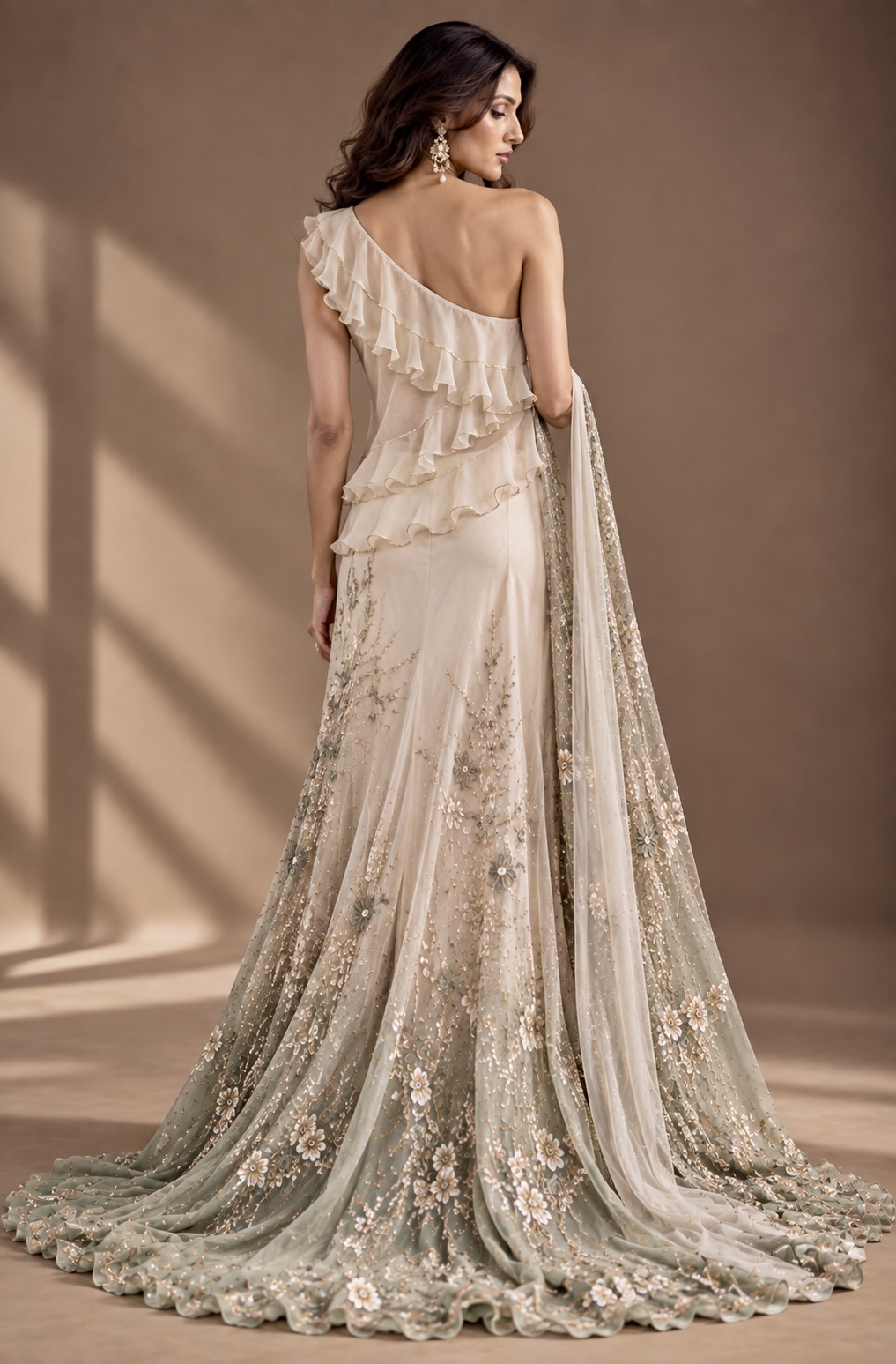 Back view of ivory and celadon chiffon couture ensemble from Brume d’Ivoire by Alia Qureshi Atelier