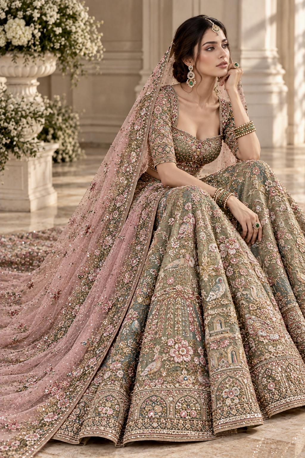 Seated view of sage and antique gold embroidered bridal lehenga from Jardin Impérial by Alia Qureshi Atelier