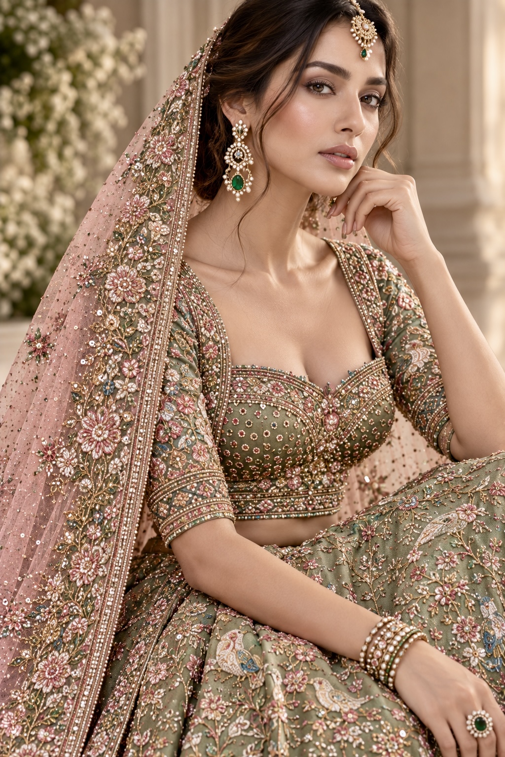 Close-up of floral, bird and metallic embroidery from Jardin Impérial by Alia Qureshi Atelier