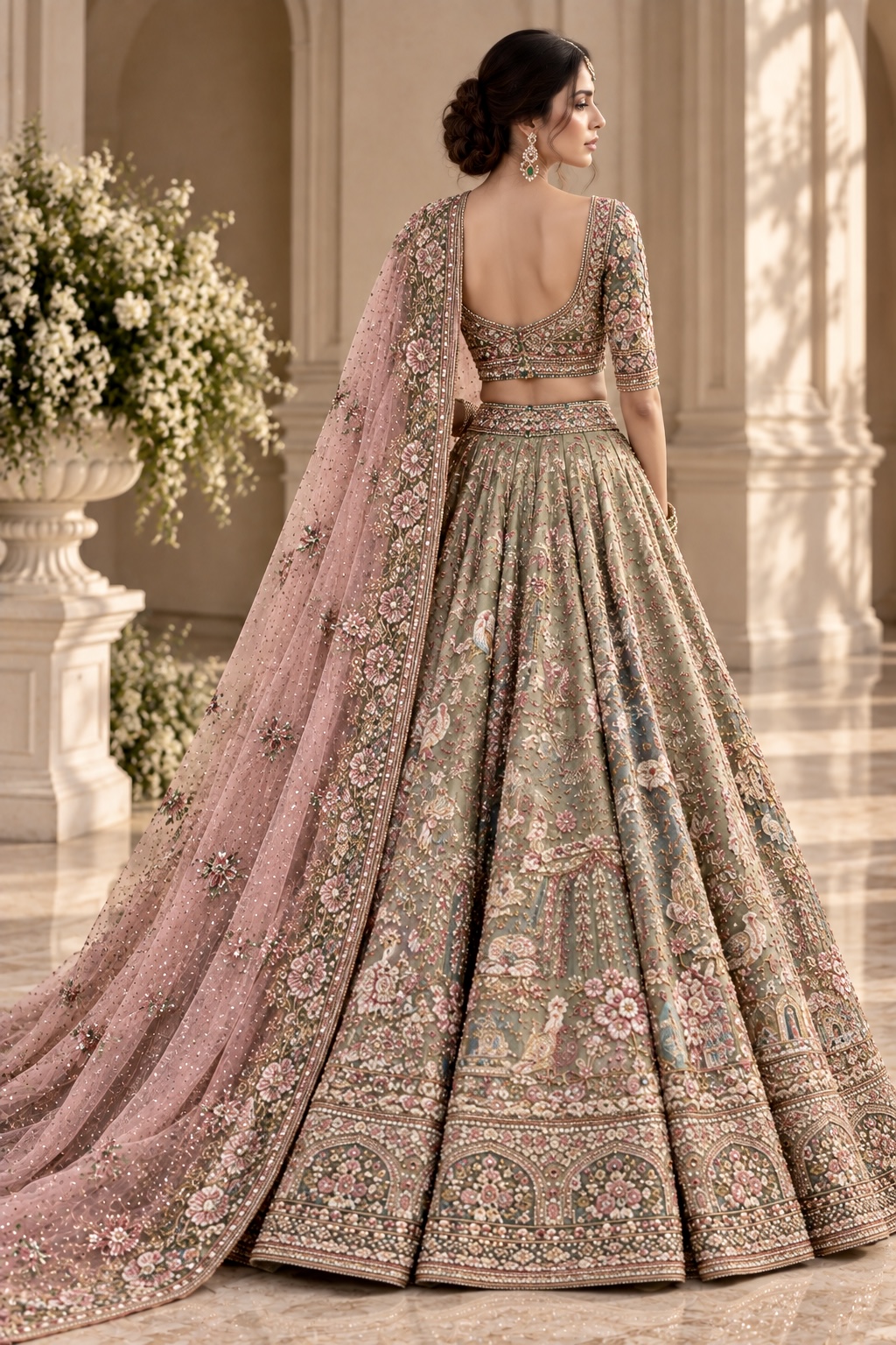 Back view of embroidered bridal lehenga with blush dupatta from Jardin Impérial by Alia Qureshi Atelier