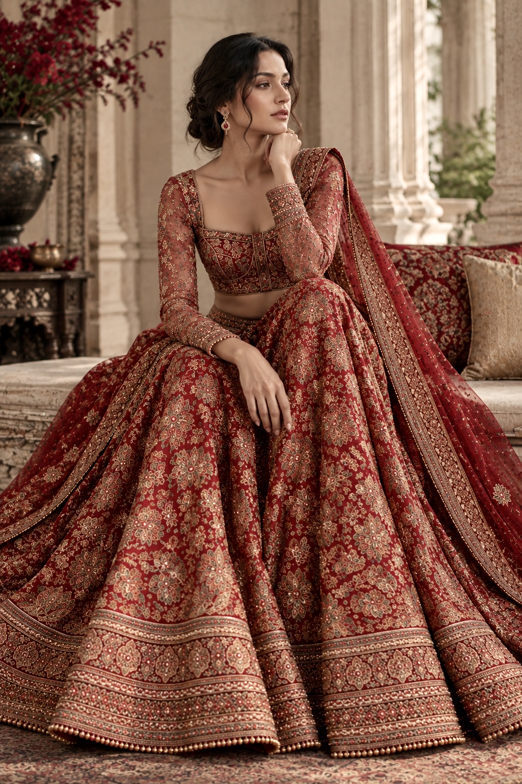 Seated view of vermilion and antique gold embroidered bridal lehenga from Mehr-e-Shahi by Alia Qureshi Atelier