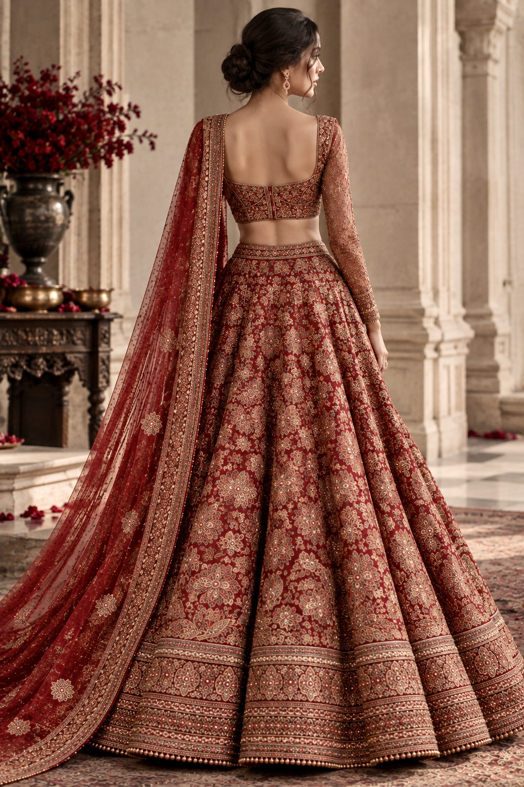 Back view of vermilion bridal lehenga with richly embroidered dupatta from Mehr-e-Shahi by Alia Qureshi Atelier