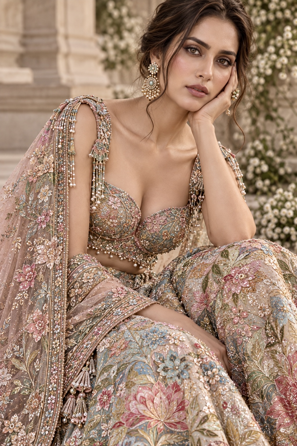 Close-up of layered floral and vine embroidery from Jardin de l’Aube by Alia Qureshi Atelier