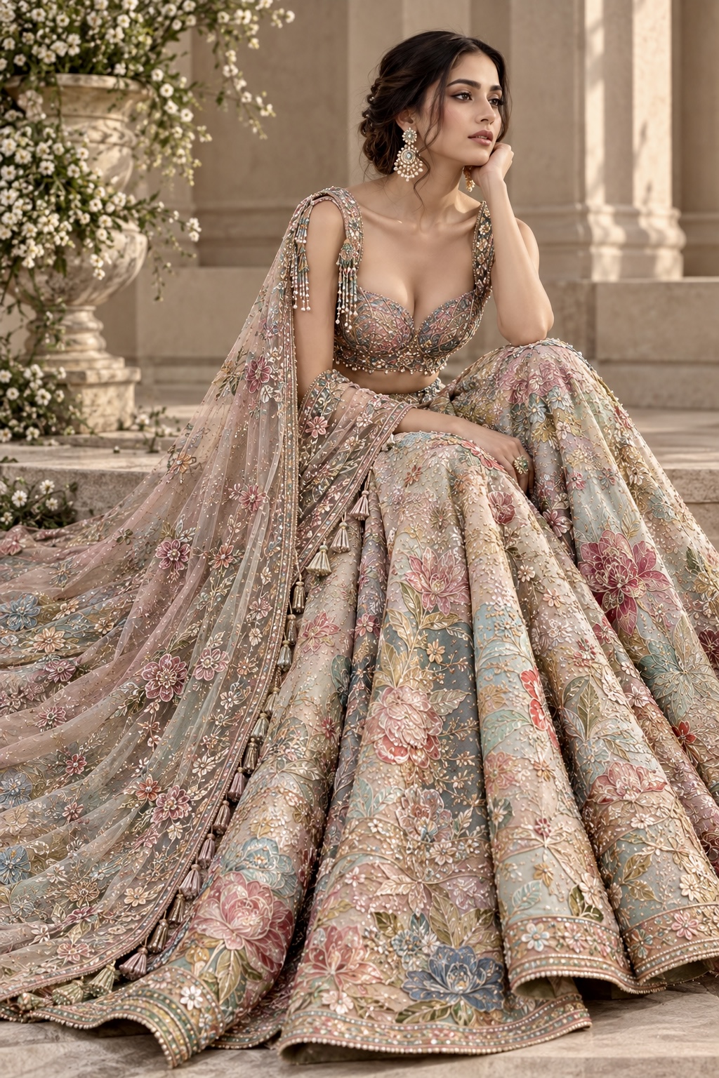 Seated view of pastel floral embroidered bridal lehenga from Jardin de l’Aube by Alia Qureshi Atelier