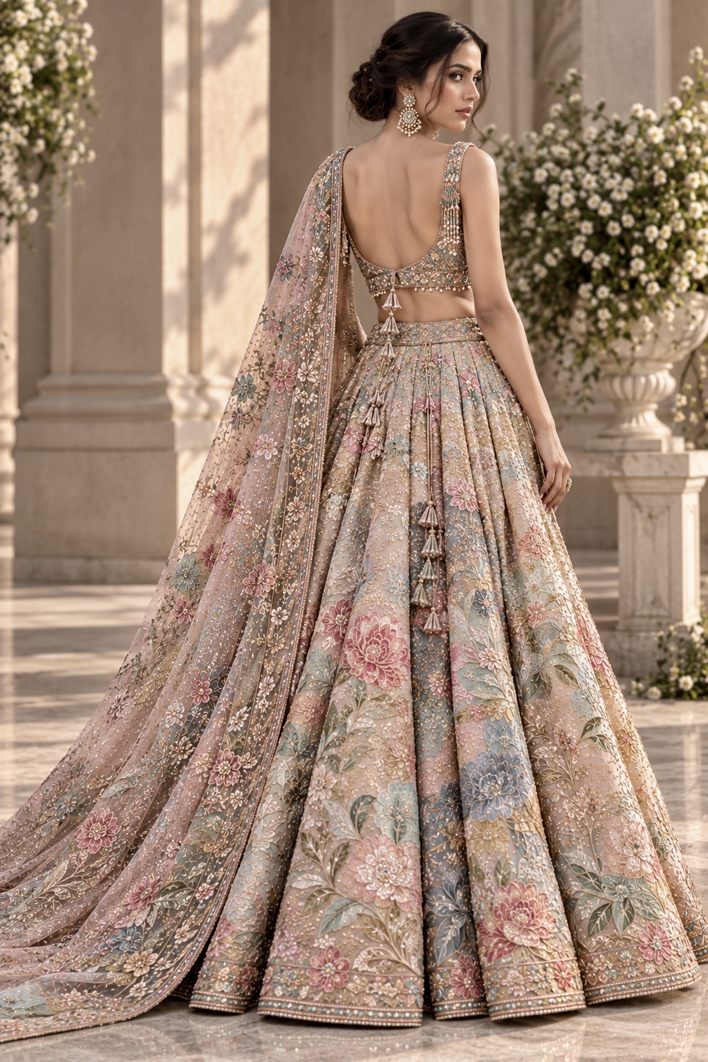 Back view of pastel floral embroidered bridal lehenga with sheer dupatta from Jardin de l’Aube by Alia Qureshi Atelier