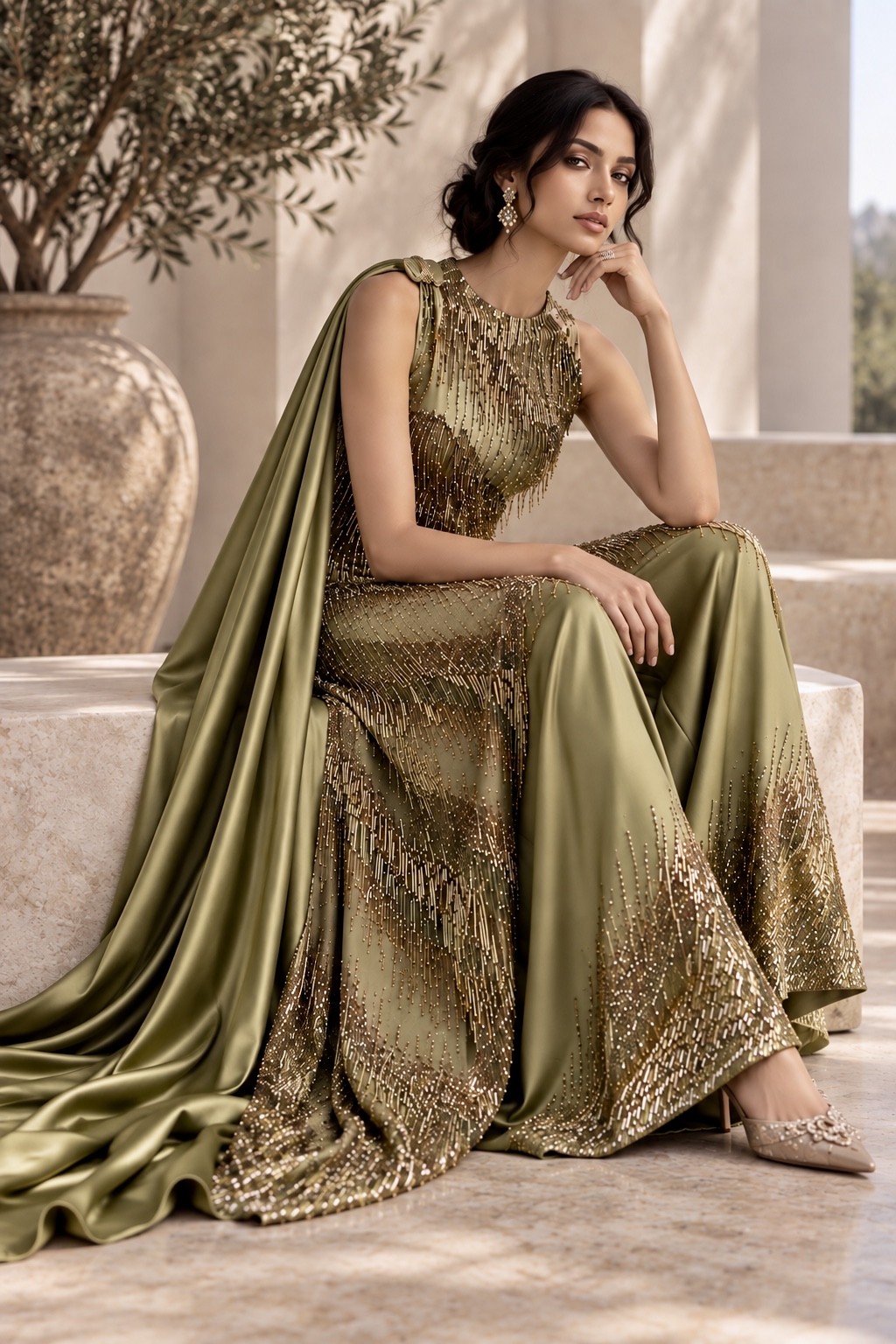 Seated view of ivory and antique gold draped couture ensemble from Vestara by Alia Qureshi Atelier