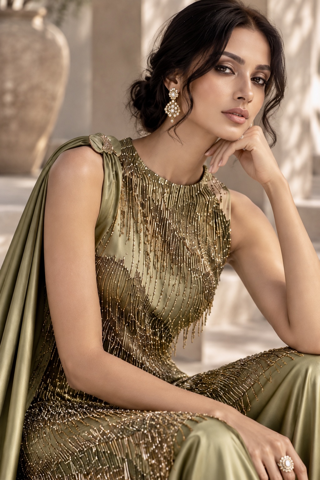 Close-up of metallic botanical embroidery and sculptural draping from Vestara by Alia Qureshi Atelier