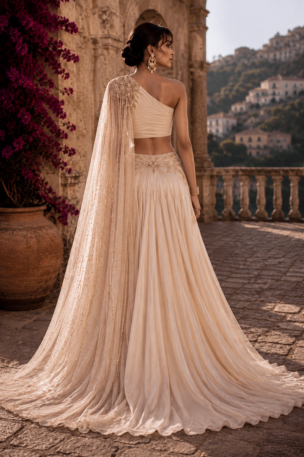 Back view of ivory chiffon couture ensemble with translucent flowing cape from Ethereal Ascent by Alia Qureshi Atelier