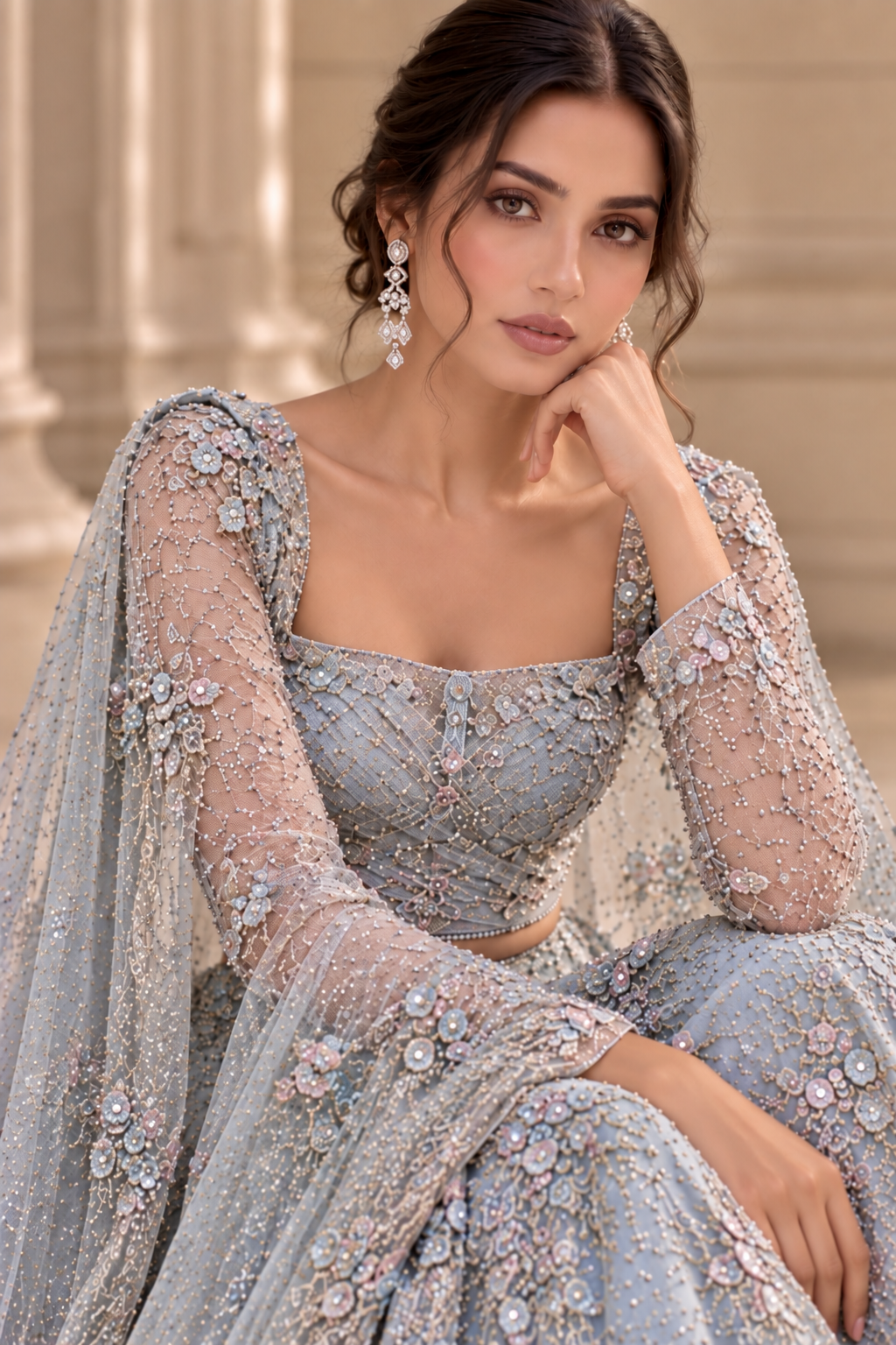 Close-up of crystal, sequin and floral embroidery from Lune de Glace by Alia Qureshi Atelier