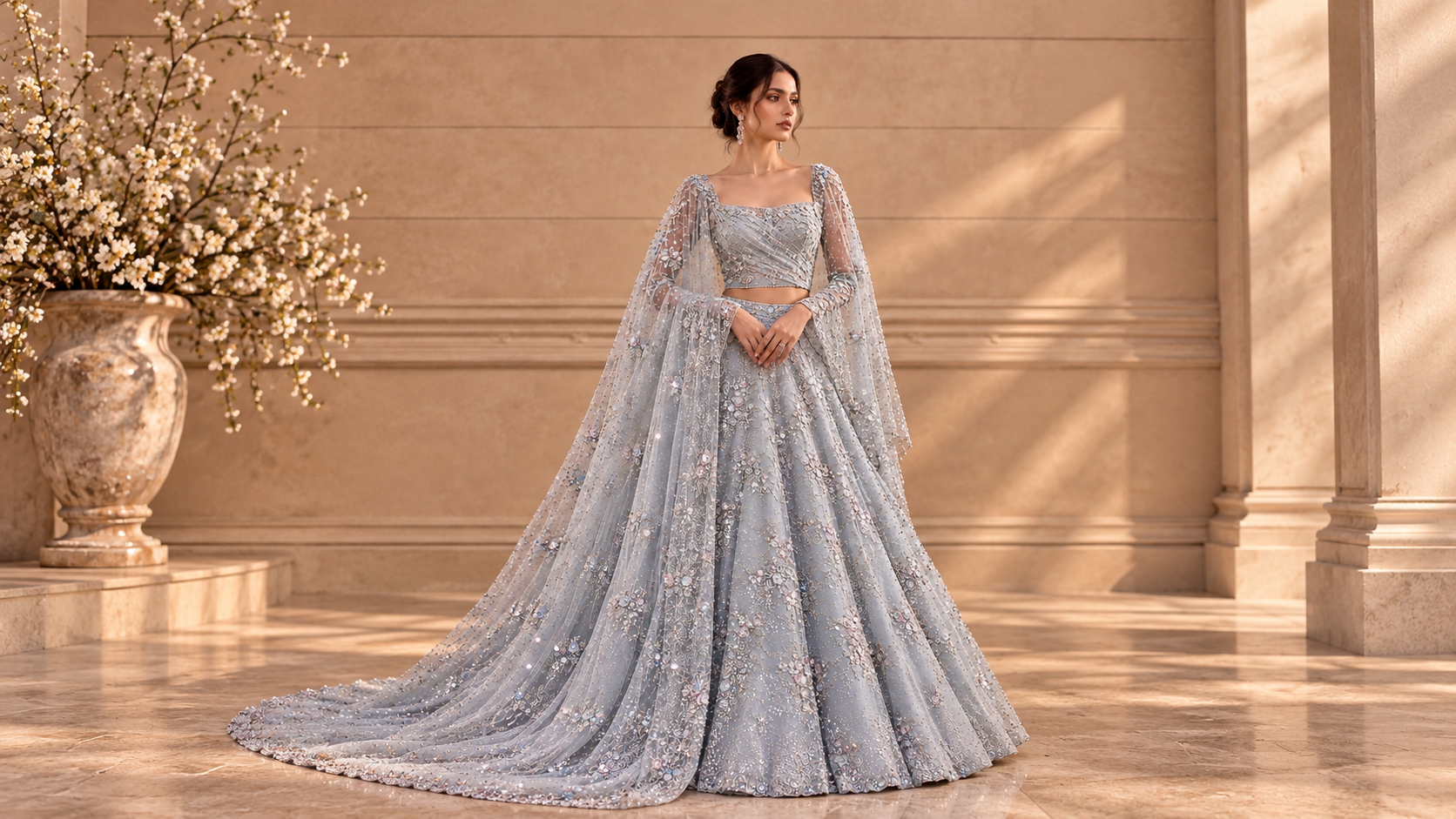 Silver embellished couture ensemble from Lune de Glace by Alia Qureshi Atelier