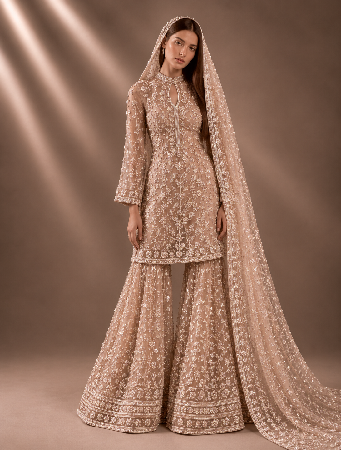 Sheer layered couture ensemble with pearlescent embroidery from Élan de Perle by Alia Qureshi Atelier