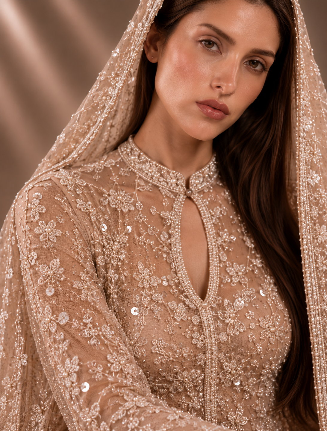Close-up of botanical embroidery and pearlescent embellishment from Élan de Perle by Alia Qureshi Atelier