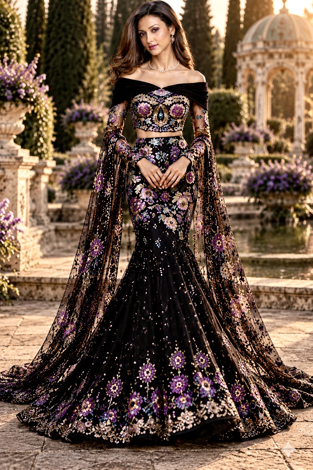 Black floral embroidered couture gown from Midnight Garden by Alia Qureshi Atelier