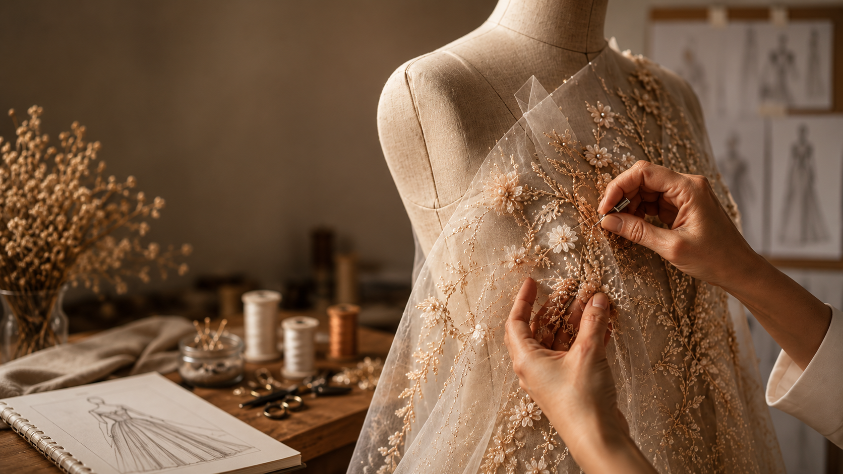Hand embroidery being applied to a bespoke couture gown by Alia Qureshi Atelier
