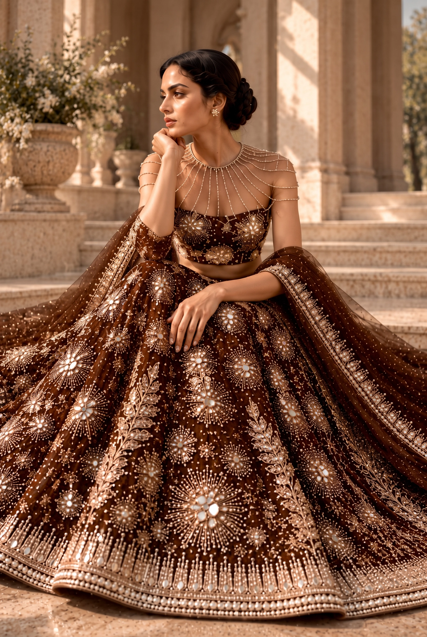Seated view of sheer embroidered tulle bridal couture gown from Whisper by Alia Qureshi Atelier