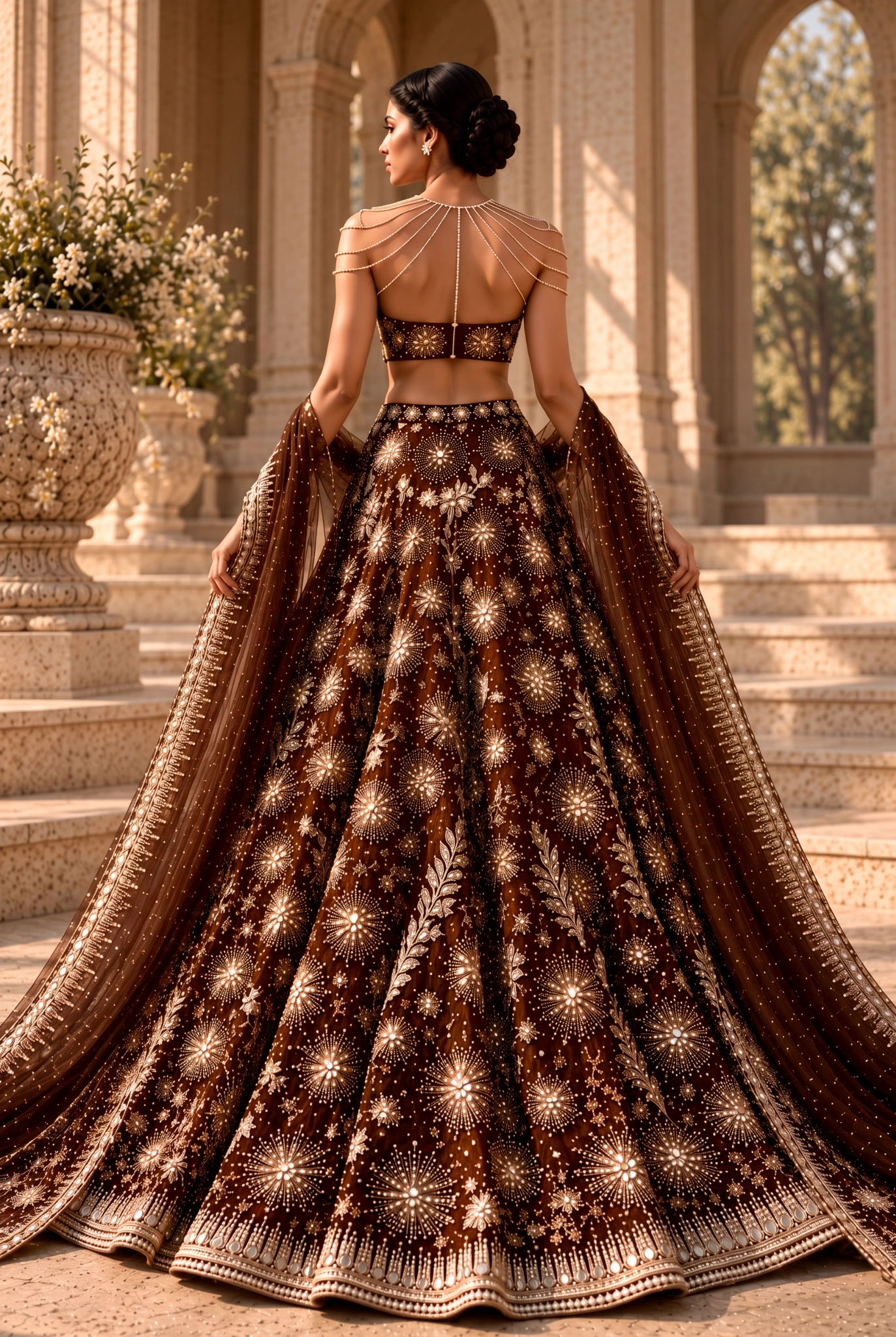Back view of sheer embroidered tulle bridal couture gown from Whisper by Alia Qureshi Atelier