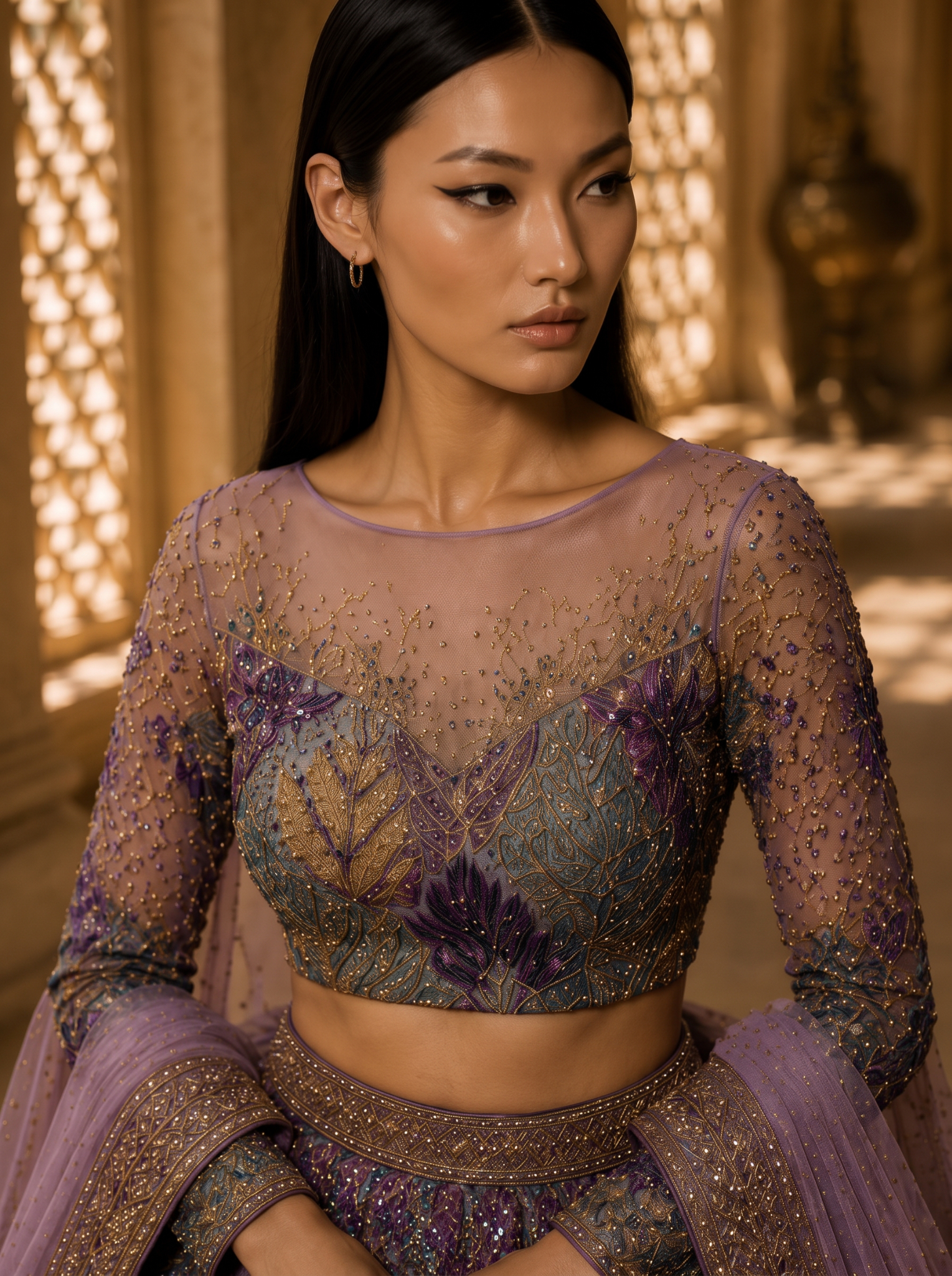 Close-up of botanical embroidery and metallic thread detailing from Botanica by Alia Qureshi Atelier
