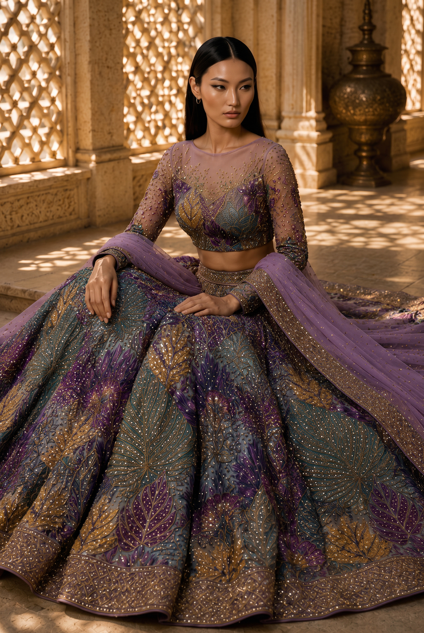 Seated view of botanical embroidered tulle couture gown from Botanica by Alia Qureshi Atelier