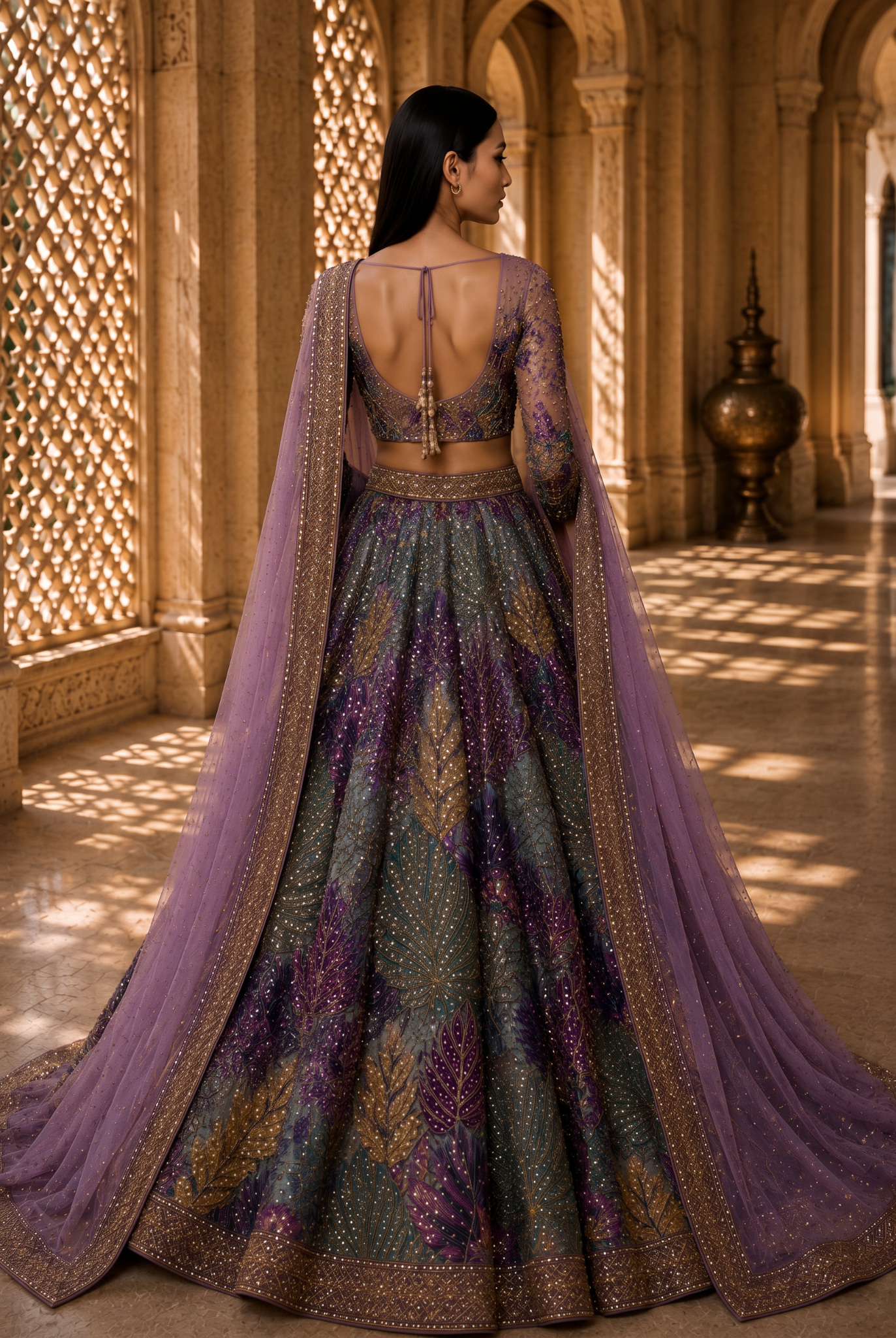 Back view of botanical embroidered tulle couture gown from Botanica by Alia Qureshi Atelier