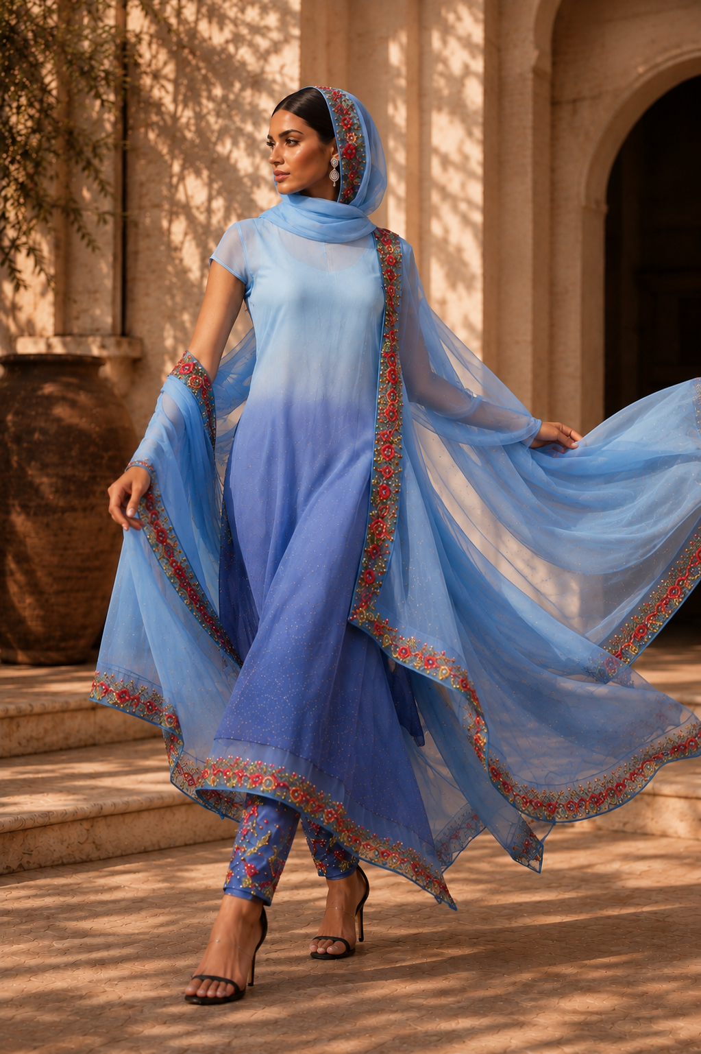 Full view of blue ombré chiffon couture ensemble with flowing dupatta from Azure Veil by Alia Qureshi Atelier