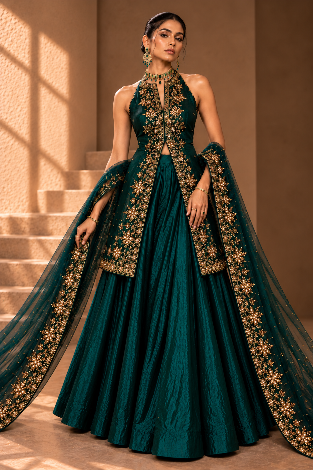 Emerald Dynasty 028: Emerald green couture lehenga from Emerald Dynasty by Alia Qureshi Atelier