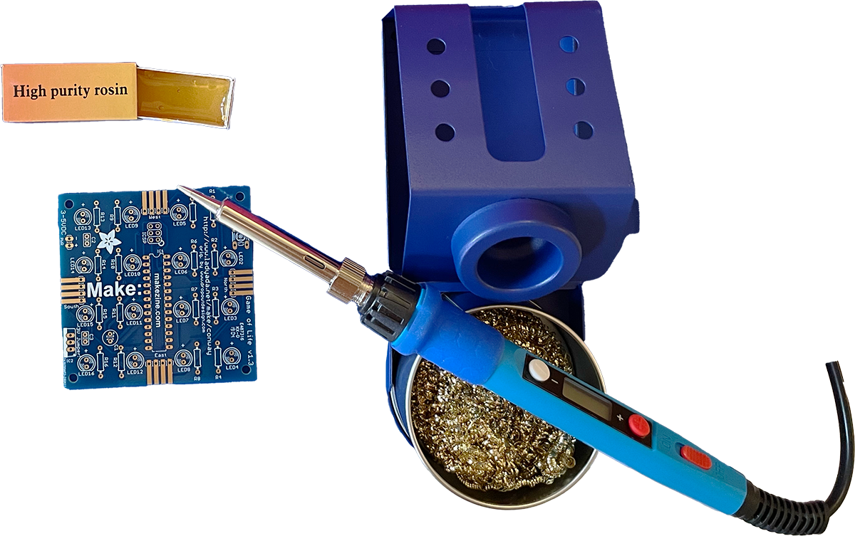 Soldering iron kit with Conway's Game of Life PCB for LED patterns.