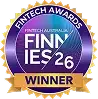 Fintech Australia FINNIES 26 Winner badge with gold laurel wreath and ribbon.