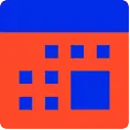 Icon of a calendar with a blue header and date squares on a red background.