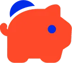 Red piggy bank with a blue coin slot and blue ear.