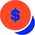 Blue dollar sign symbol centered on overlapping orange and blue circles.