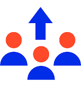 Three blue user icons with red heads and a blue arrow pointing upward above them