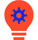 Red light bulb with a blue gear icon in the center symbolizing ideas and engineering.