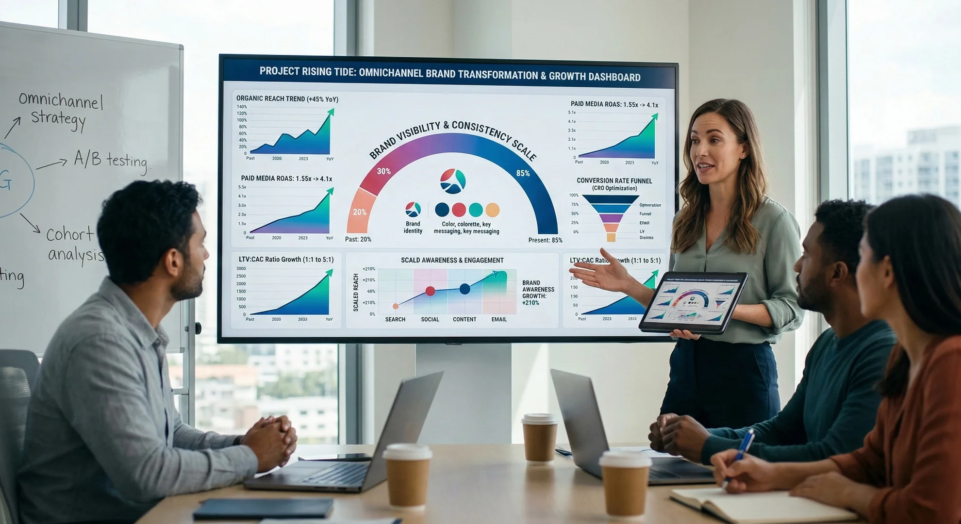 Strategist presenting a brand growth dashboard to a team