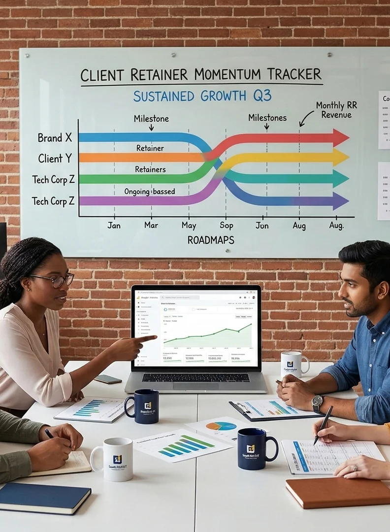 Marketing team reviewing a client retainer growth tracker in a strategy meeting