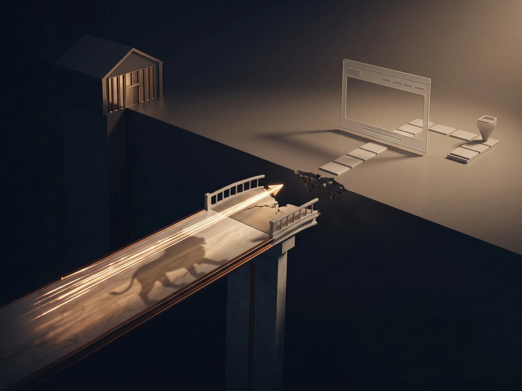 An image of a broken bridge to indicate dead end ads and a lion to represent Wandering Lion's service to help cross that bridge.