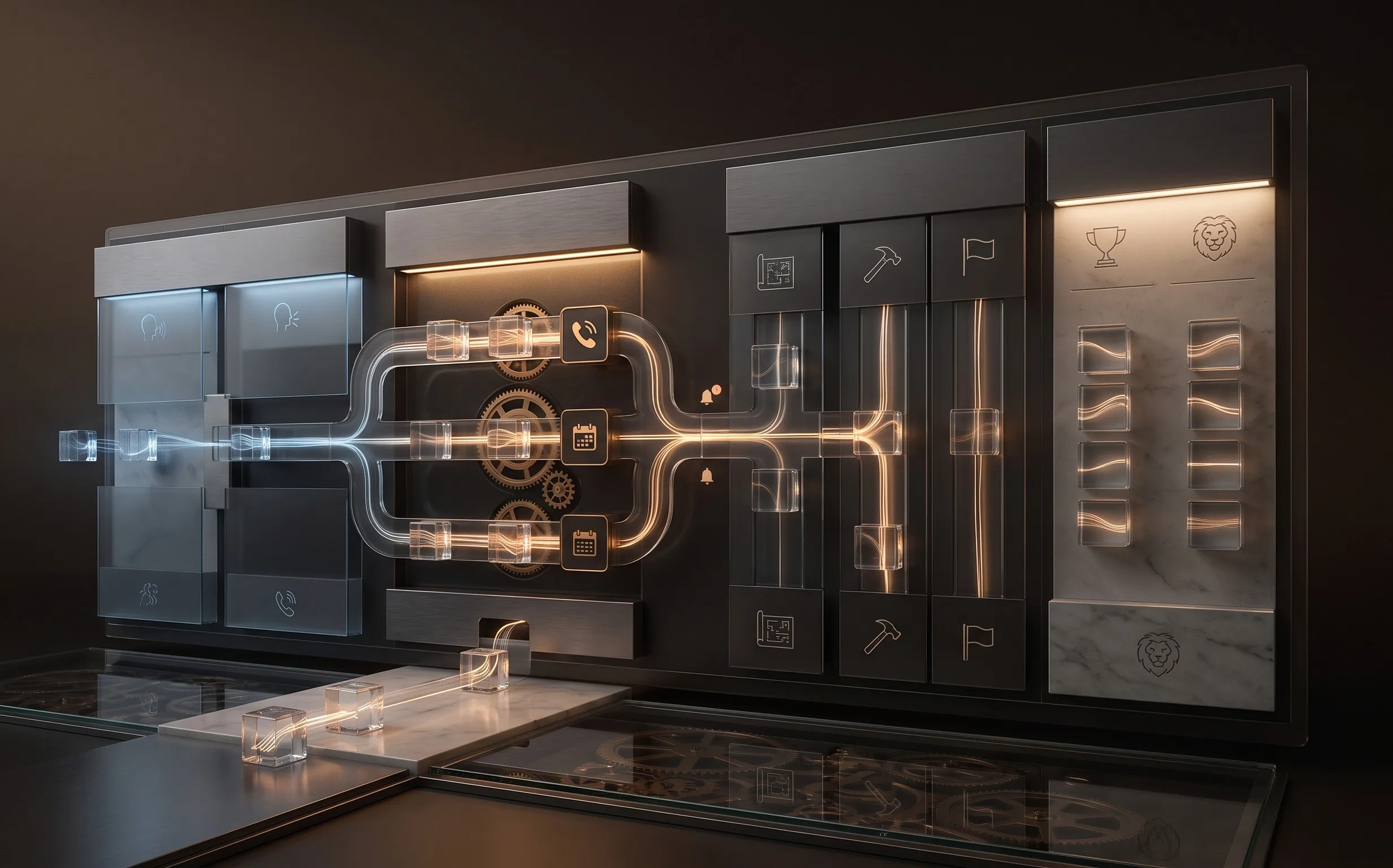 A futuristic growth system with illuminated pipelines, gears, lead touchpoints and lion symbols, showing how Wandering Lion connects enquiries, follow-up and commercial systems to create predictable growth.