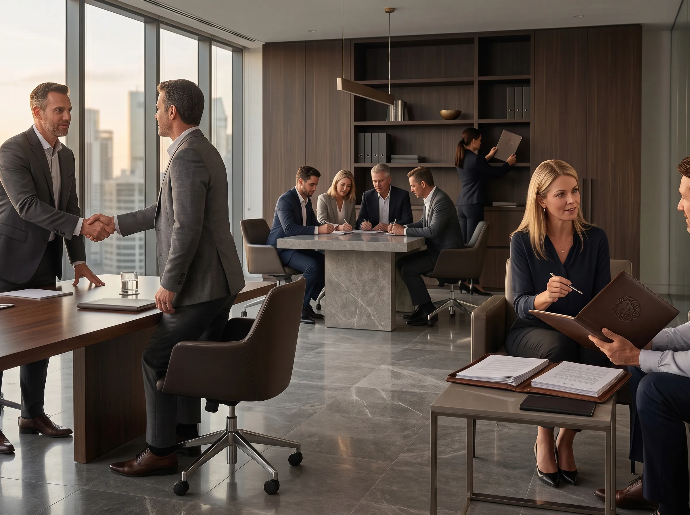 Wandering Lion growth partners working alongside business leaders in a premium office, combining strategy, collaboration and commercial planning to build stronger systems and measurable growth.