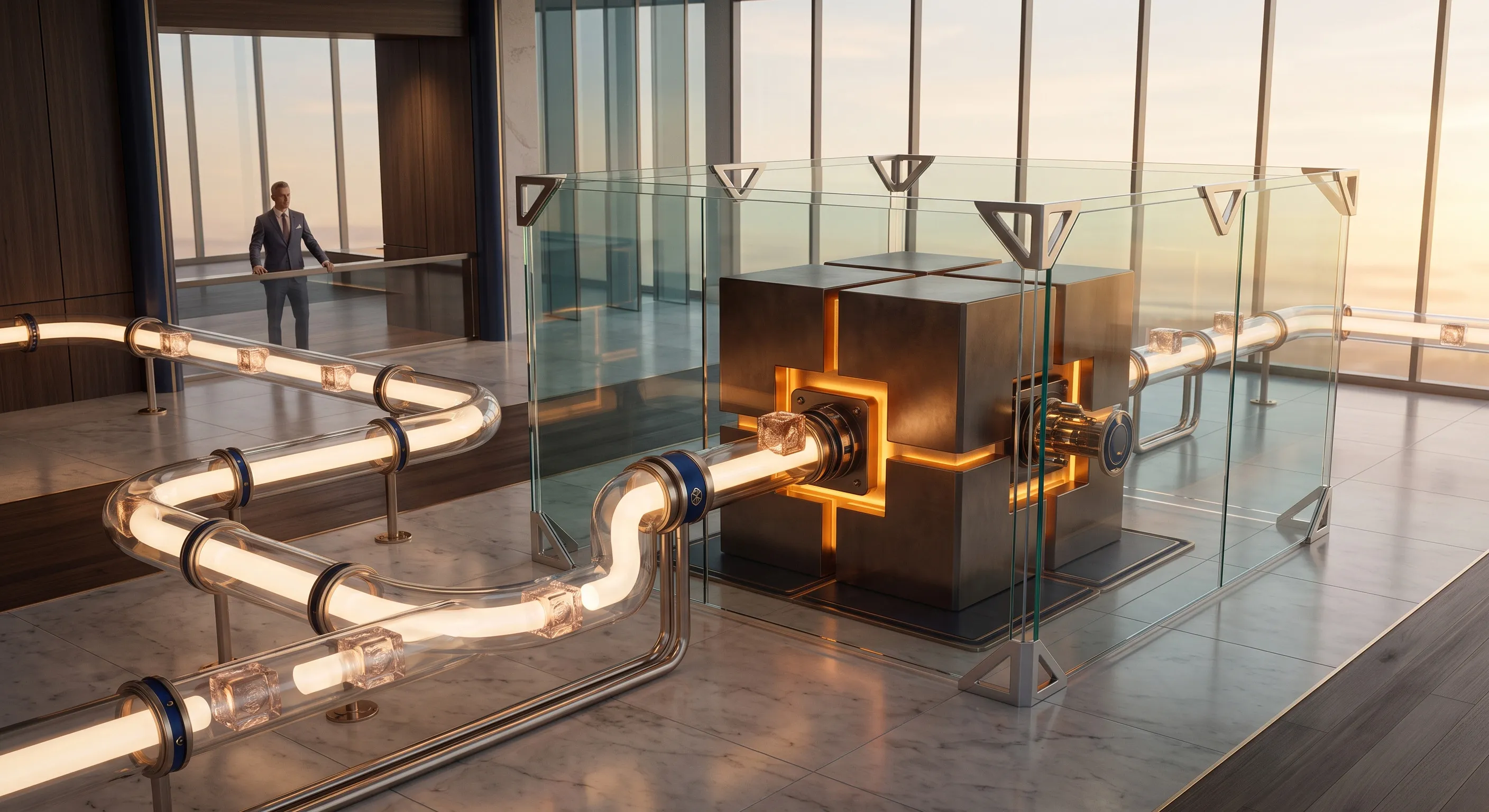 An illuminated growth system connects through transparent pipelines to a central engine, representing how Wandering Lion builds the foundations, systems and processes required for predictable commercial growth.