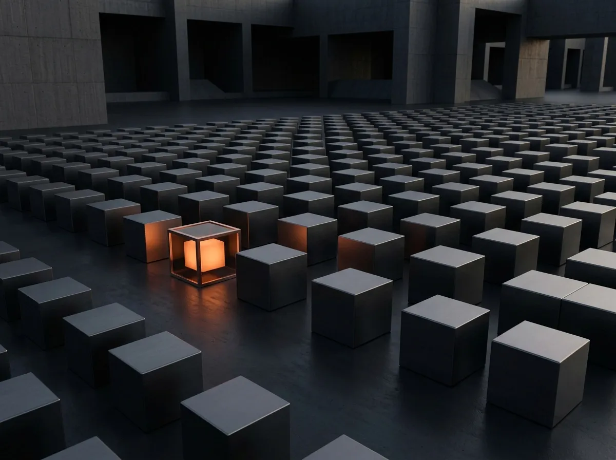 One illuminated cube standing out among identical blocks, representing a professional consultancy with clear positioning, visible expertise and stronger market authority.