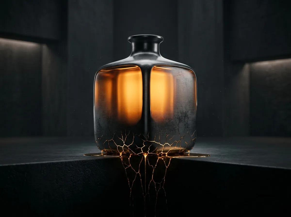Polished vessel glowing from within as cracks form at its base, representing a professional firm under pressure when growth depends too heavily on its directors