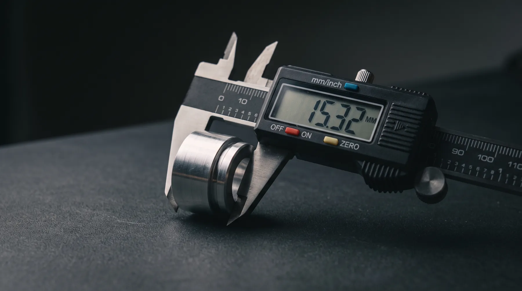 Digital caliper measuring a precision-machined part