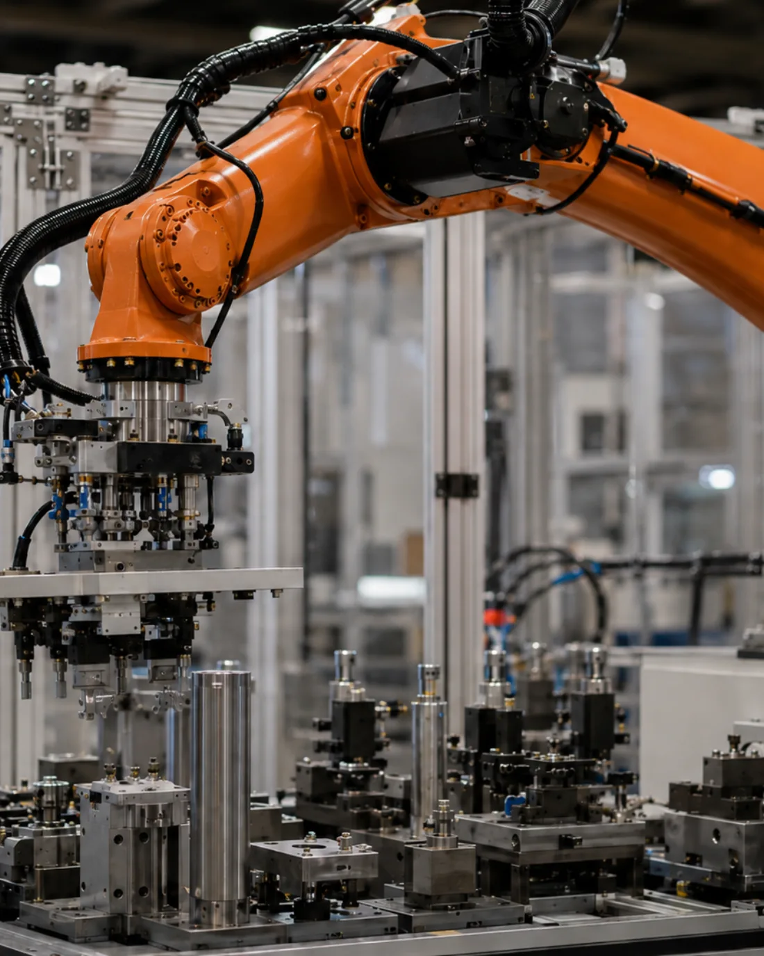 Industrial robot arm on an automation assembly cell