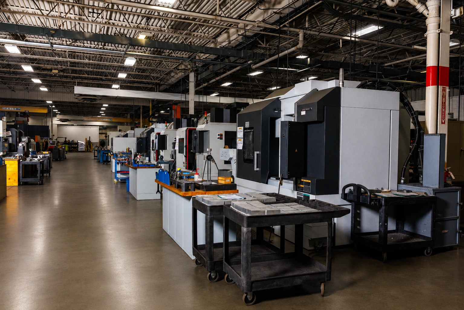 Interior of a large industrial warehouse with a row of CNC machines and workstations arranged along the right side, with carts and tools nearby under bright ceiling lights.
