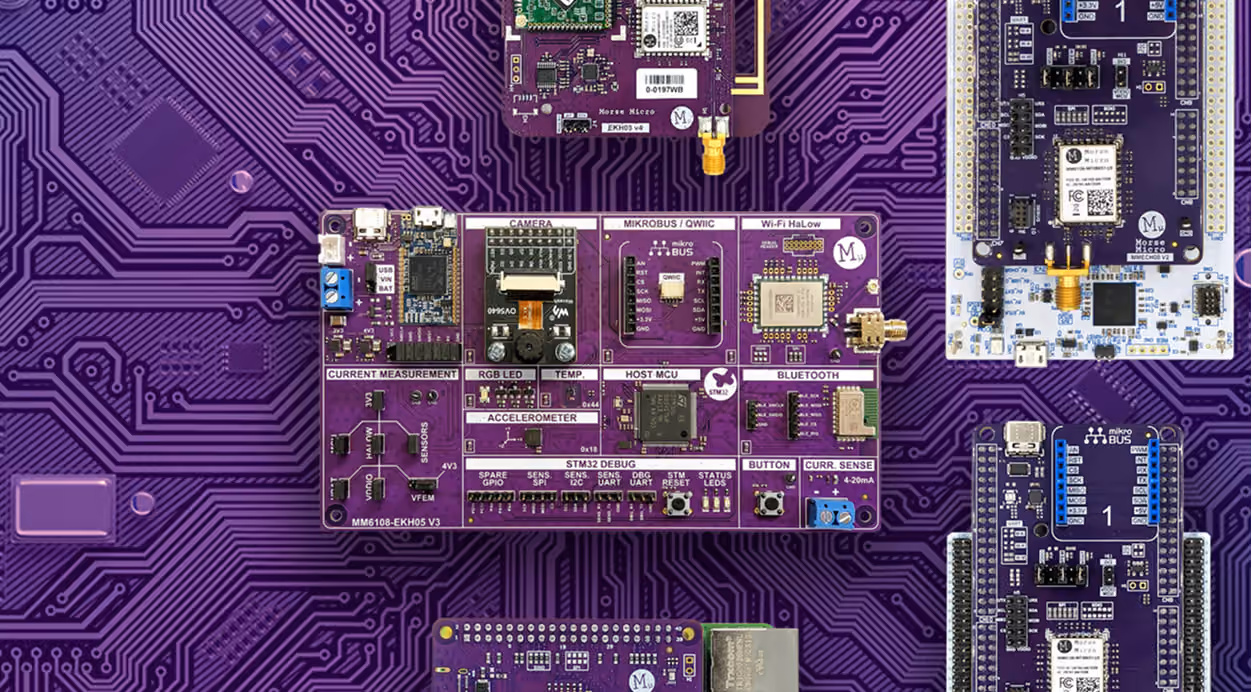 Close-up of purple circuit boards with microchips and labeled components on a matching purple background.